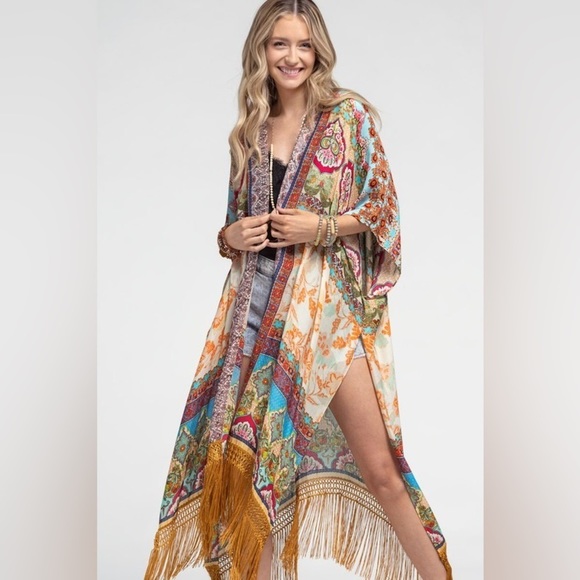 NWT Women's Floral Paisley Pattern with Fringe Kimono Bohemian Duster One Size